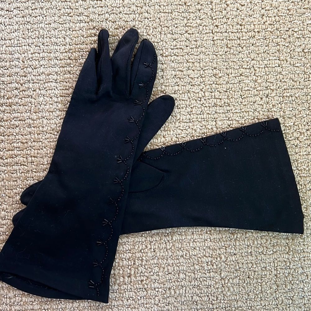 12” Vintage Gloves, Beaded, cotton/poly, unlined.
